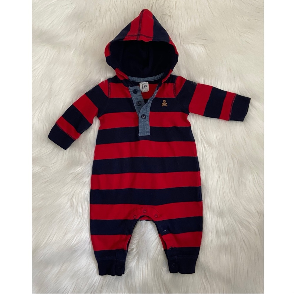 Baby Gap Hooded Red & Blue Rugby Striped One Piece